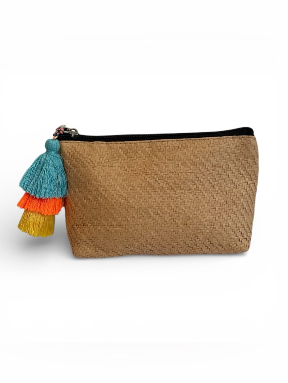 NWT Nordstrom Woven Raffia Clutch/Cosmetic Bag, Zipper Pouch Tassel pull